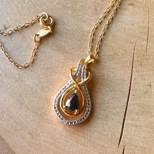 Twisted Teardrop Pendant Necklace with Black Stone & Pave Crystals